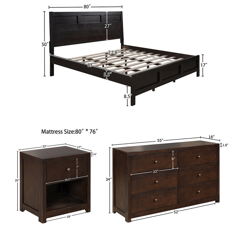 Classic Rich Brown 3 Pieces King Bedroom Set (King Bed + Nightstand+ Dresser)