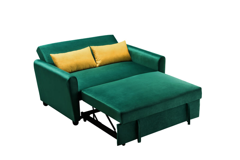 [VIDEO provided]55" Modern Velvet Sofa with Pull-Out Sleeper Bed with 2 Pillows Adjustable Backrest for Small Spaces Green