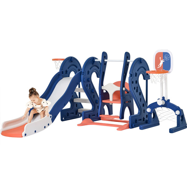 Toddler Slide And Swing Set 6 In 1 - Kids Playground Climber Playset With Soccer Goal - 2 Basketball Hoops - Ring-Toss Game - Indoor; Outdoor