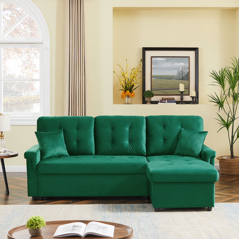 Velvet Reversible Sectional Sofa with Pull Out sleeper, L-Shaped Couch Chaise with Storage For Living Room & Apartment