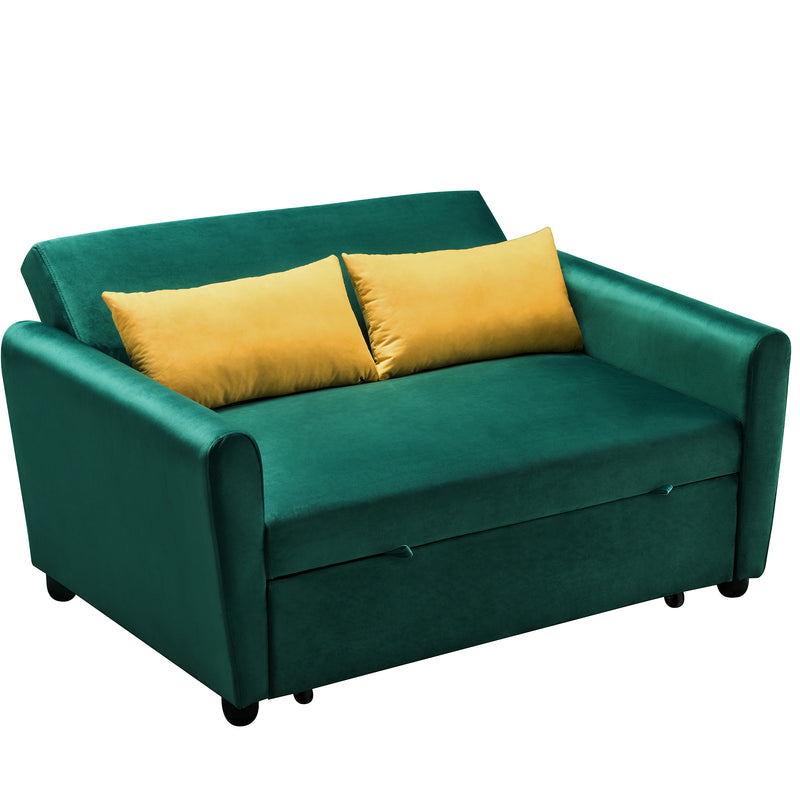 [VIDEO provided]55" Modern Velvet Sofa with Pull-Out Sleeper Bed with 2 Pillows Adjustable Backrest for Small Spaces Green