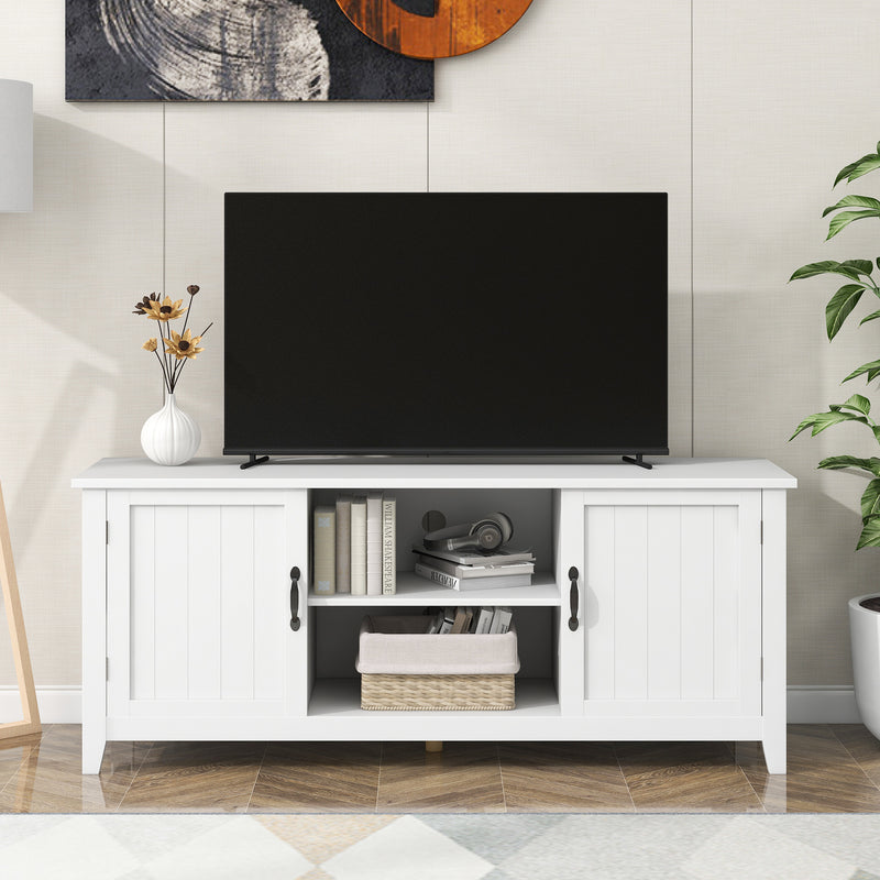 U-Can TV Stand for TV up to 60in with 2  Doors Adjustable Panels Open Style Cabinet, Sideboard for Living room, White