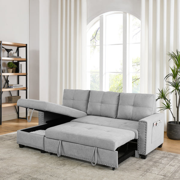 [Video] MH 82" Sleeper Sofa Bed Reversible Sectional Couch with Storage Chaise and Side storage bag for Living Room Furniture Set, silver rivets on both hands