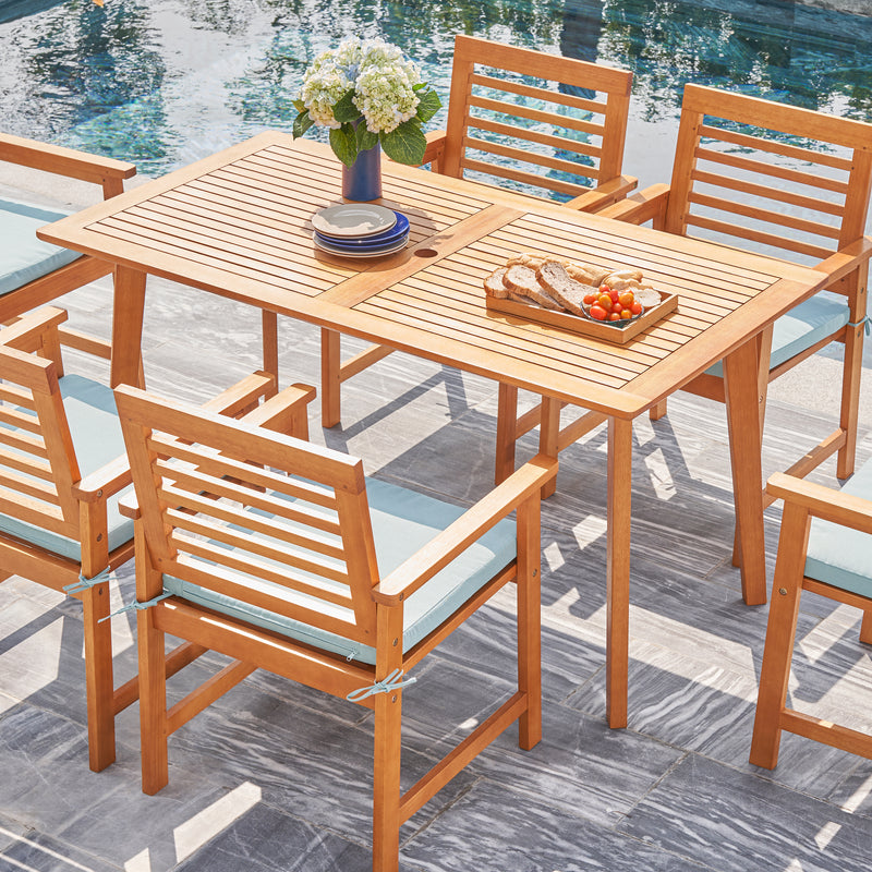 Waimea Honey 7-Piece Slatted Eucalyptus Wood Patio Dining Set with Cushion