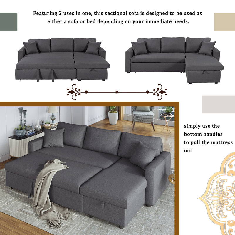 U_STYLE Upholstery  Sleeper Sectional Sofa Grey with Storage Space, 2 Tossing Cushions