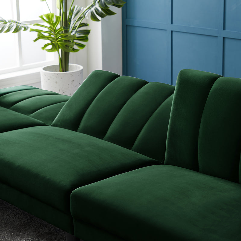 REVERSIBLE SECTIONAL SOFA SLEEPER WITH 2 PILLOWS DARK GREEN VELVET（W223S00093）