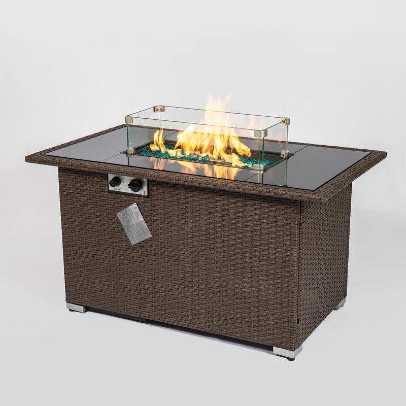 Outdoor 44" Propane Fire pit  Table  Rectangle  50,000 BTU with  8mm Tempered Glass Tabletop & Blue Stone& Steel table lid &Table waterproof dusty Cover ,ETL Certification (Brown)