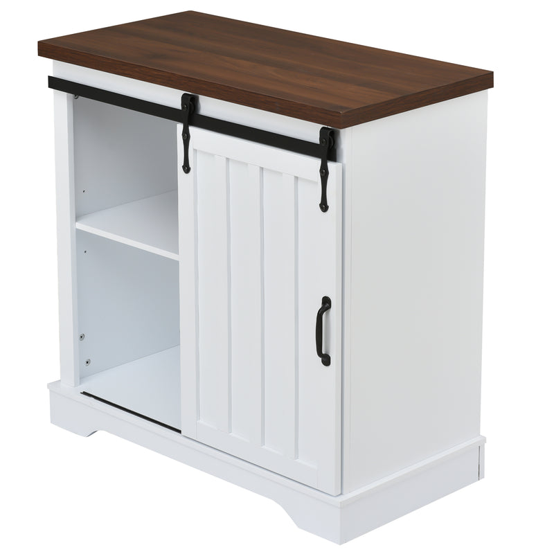 Bathroom Storage Cabinet, Freestanding Accent Cabinet, Sliding Barn Door, Thick Top, Adjustable Shelf, White and Brown