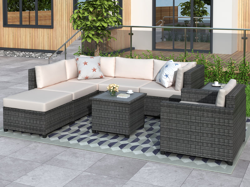 U_Style 8 Piece Rattan Sectional Seating Group with Cushions, Patio Furniture Sets, Outdoor Wicker Sectional