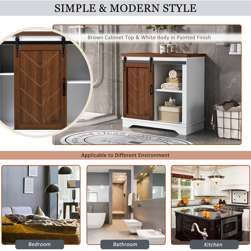 Bathroom Storage Cabinet, Freestanding Accent Cabinet, Sliding Barn Door, Thick Top, Adjustable Shelf, White and Brown