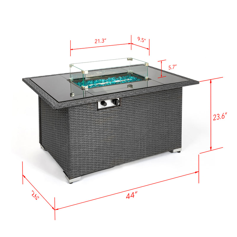 Outdoor 44" Gas Propane Fire pit  Table  Rectangle  50,000 BTU with  8mm Tempered Glass Tabletop & Blue Stone& Steel table lid &Table waterproof dusty Cover ,ETL Certification (Grey)