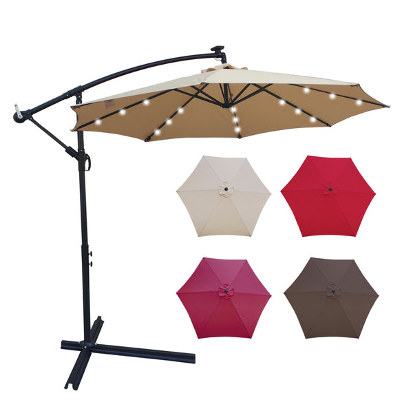 Tan 10 ft Outdoor Patio Umbrella Solar Powered LED Lighted Sun Shade Market Waterproof 8 Ribs Umbrella with Crank and Cross Base for Garden Deck Backyard Pool Shade Outside Deck Swimming Pool