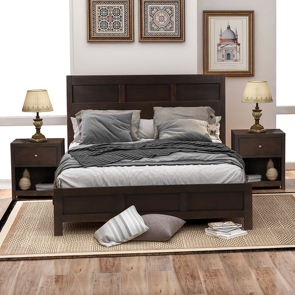 Classic Rich Brown 3 Pieces Queen Bedroom Set (Queen Bed + Nightstand*2)