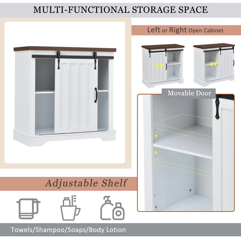 Bathroom Storage Cabinet, Freestanding Accent Cabinet, Sliding Barn Door, Thick Top, Adjustable Shelf, White and Brown