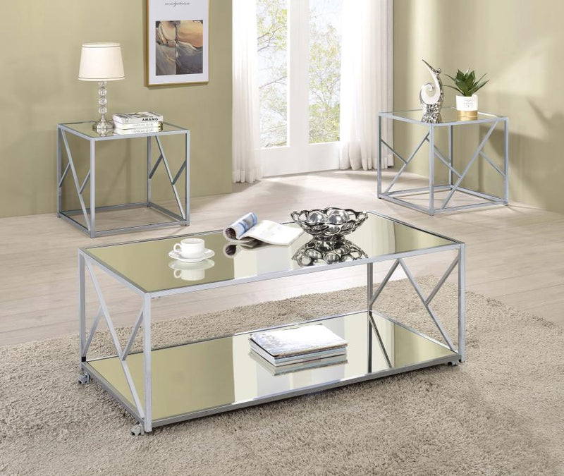 Provins - 3 Piece Occasional Table Set - Clear Mirror And Chrome