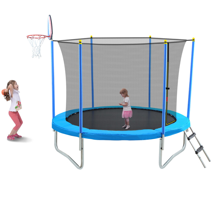 8FT Trampoline For Kids With Safety Enclosure Net - Basketball Hoop And Ladder - Easy Assembly Round Outdoor Recreational Trampoline