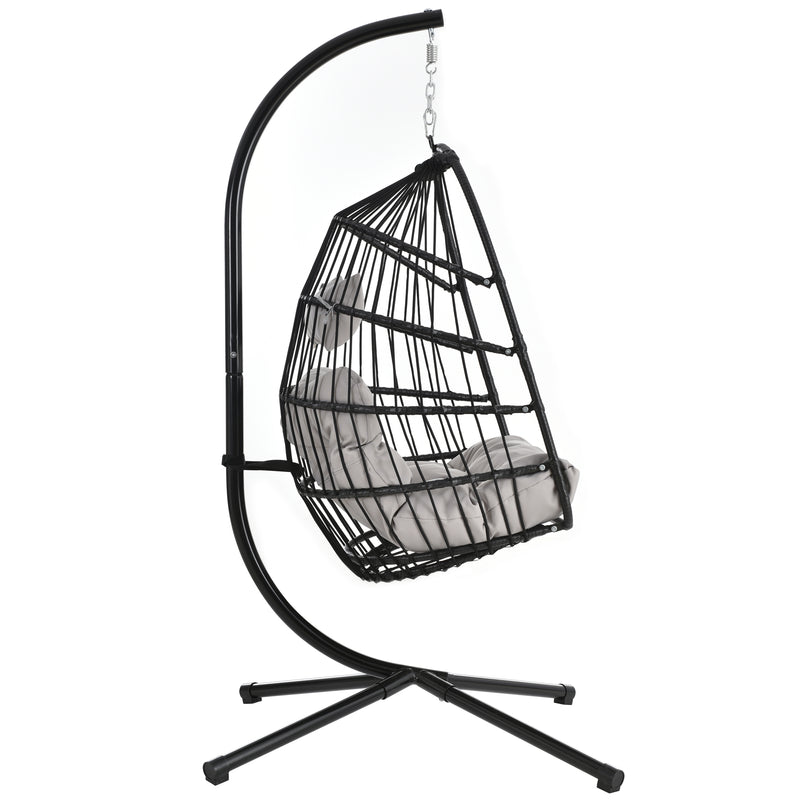 TOPMAX Patio Foldable Swing Chair Porch PE Wicker Egg Hanging Chair Hammock Chair w/Stand and Cushion for Outdoor Balcony Indoor Bedroom, Gray