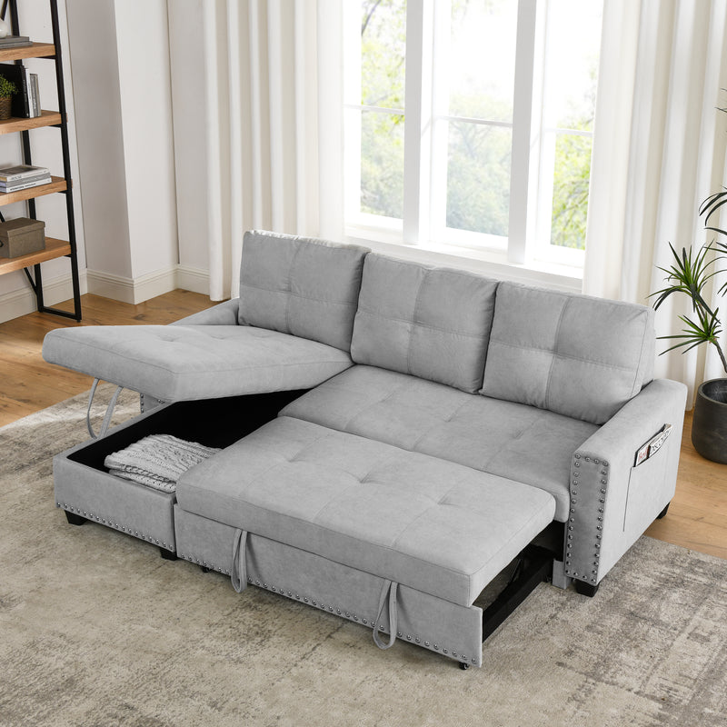 [Video] MH 82" Sleeper Sofa Bed Reversible Sectional Couch with Storage Chaise and Side storage bag for Living Room Furniture Set, silver rivets on both hands