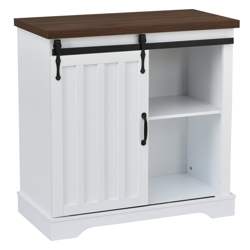 Bathroom Storage Cabinet, Freestanding Accent Cabinet, Sliding Barn Door, Thick Top, Adjustable Shelf, White and Brown