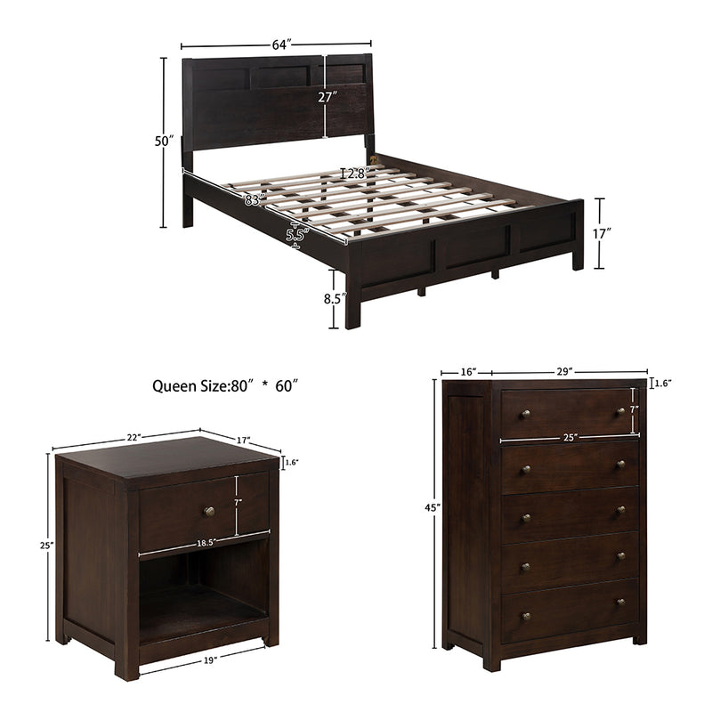 Classic Rich Brown 4 Pieces Queen Bedroom Set (Queen Bed + Nightstand*2+ Chest)