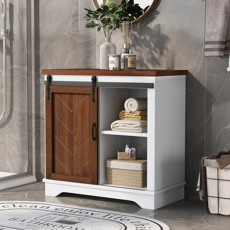 Bathroom Storage Cabinet, Freestanding Accent Cabinet, Sliding Barn Door, Thick Top, Adjustable Shelf, White and Brown