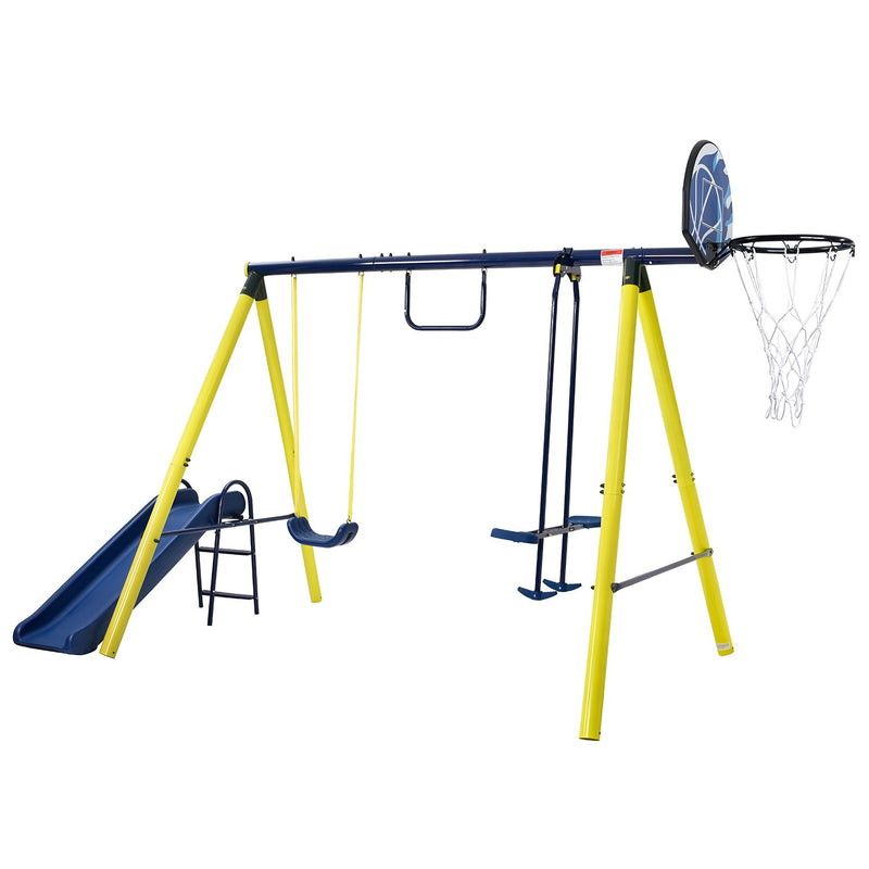 5 In 1 Outdoor Tolddler Swing Set For Backyard - Playground Swing Sets With Steel Frame - Swing N\' Silde Playset For Kids With Seesaw Swing - Basketball Hoop