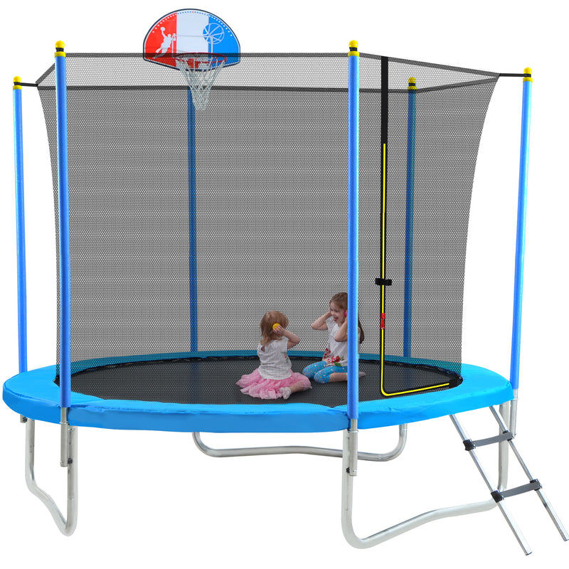8FT Trampoline For Kids With Safety Enclosure Net - Basketball Hoop And Ladder - Easy Assembly Round Outdoor Recreational Trampoline